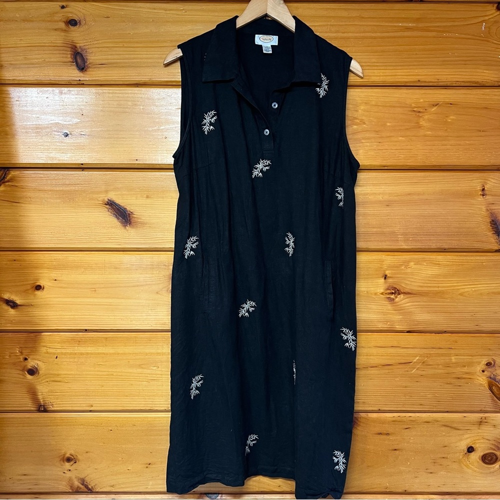 Talbots Black Sleeveless Polo Sleeveless Linen Rayon Midi Dress Embroidery 14
